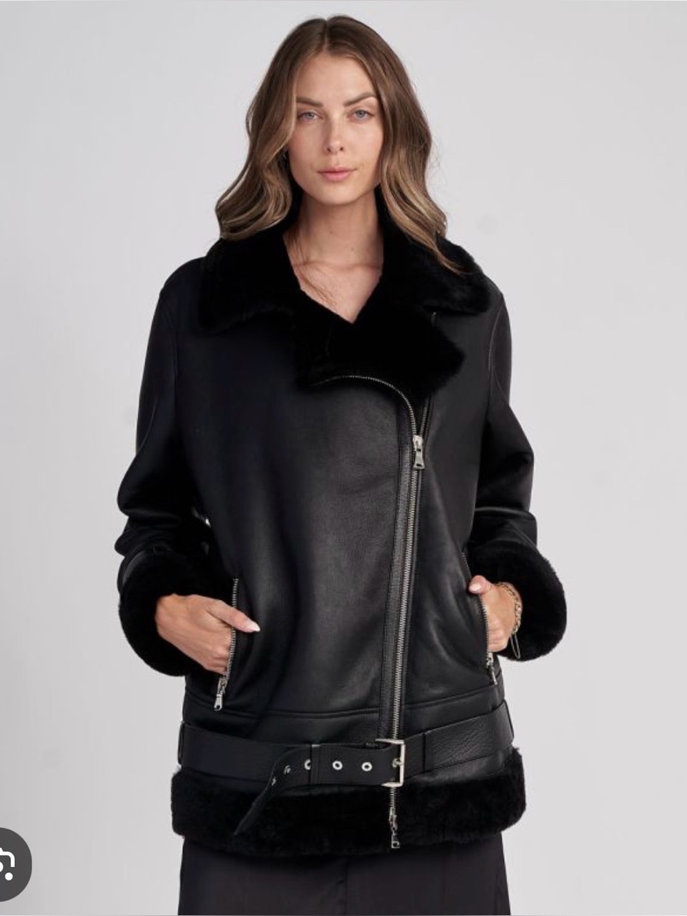 Black Faux Shearling Aviator Jacket - Women's